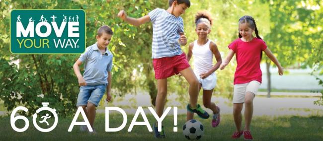 Children playing soccer with text overlaying that reads Move Your Way 60 a Day!